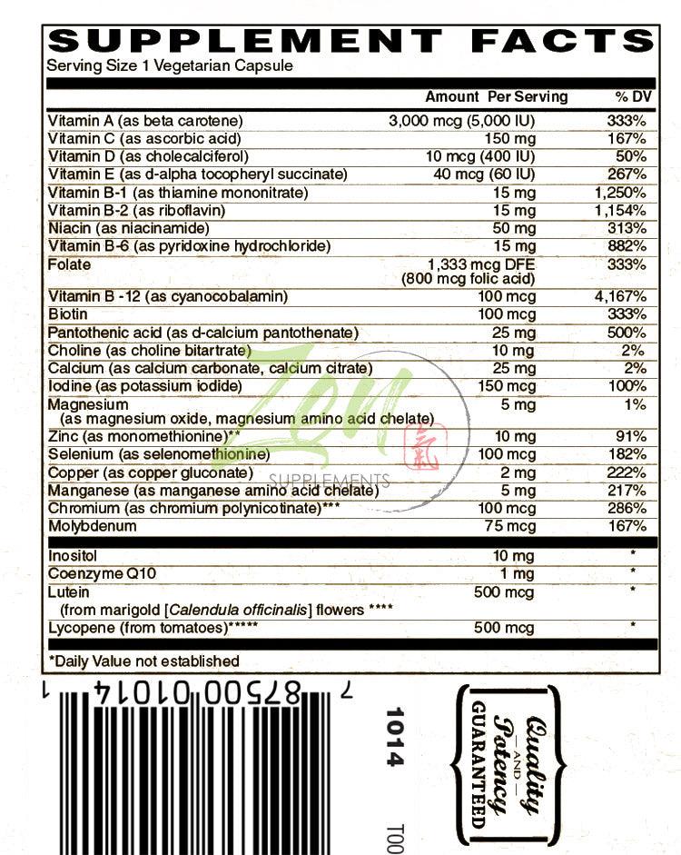 One Daily Multi-Vitamin (Iron Free) - With Lutein, Lycopene & CoQ10 - 120 Vegcaps