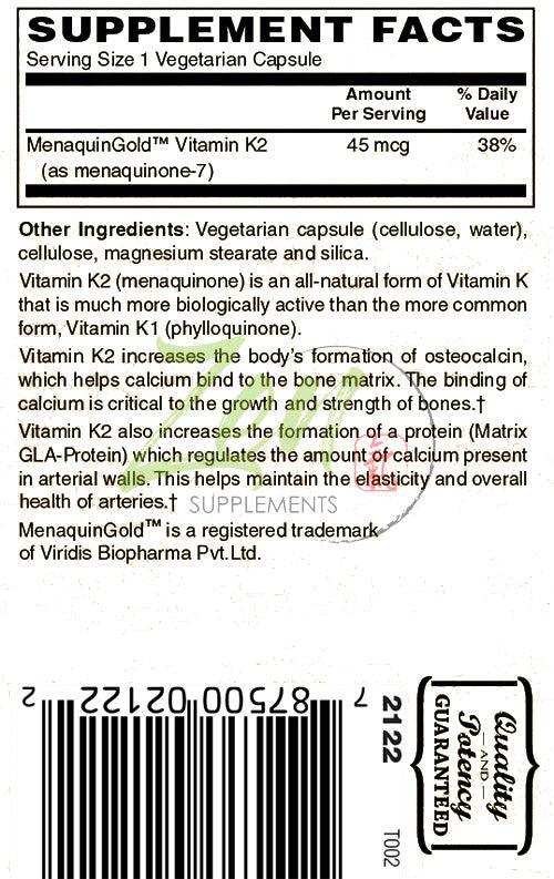 Vitamin K2 45mcg - With MenaquinGold® Natural Vitamin MK-7 - 60 Vegcaps