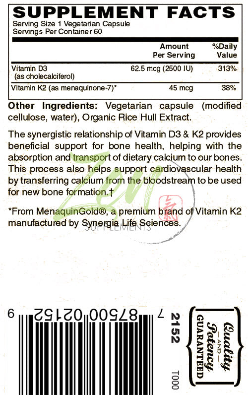 Vitamin D-3 + K-2 (MK-7) - 60 Caps
