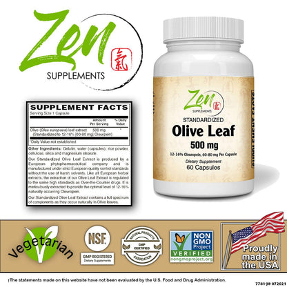 Olive Leaf Extract 500mg - Standardized Oleuropein Antioxidant - 60 Caps