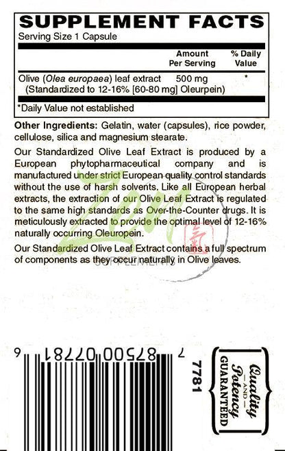 Olive Leaf Extract 500mg - Standardized Oleuropein Antioxidant - 60 Caps